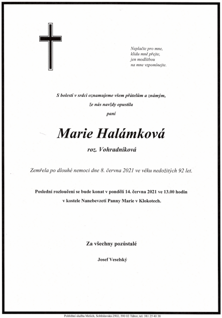 Marie Halámková roz. Vohradníková