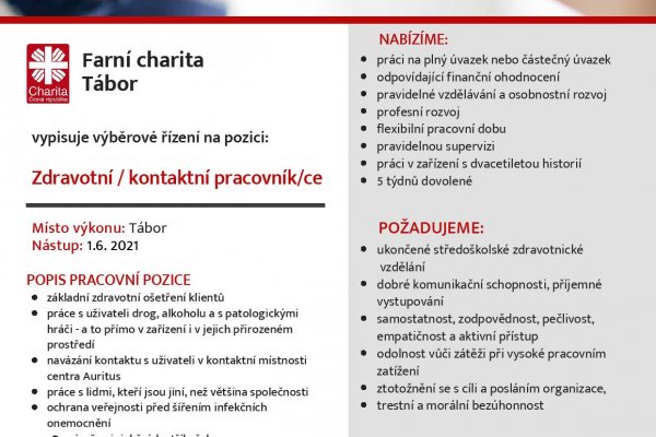 Farní charita Tábor - vypisuje výběrové řízení na pozici: Farní charita Tábor - vypisuje výběrové řízení na pozici: